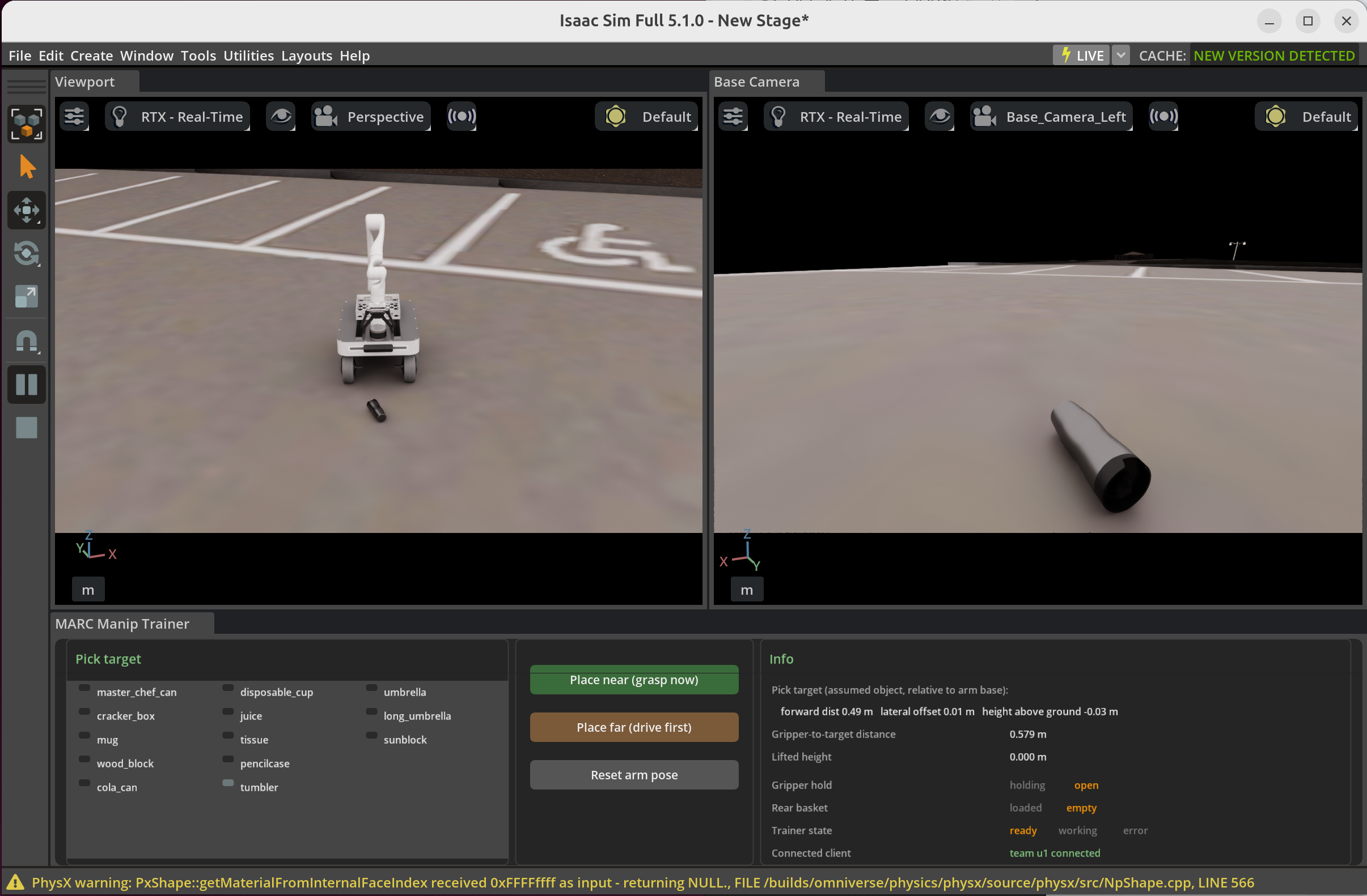 Manipulation practice environment GUI (left overview view, right robot camera, bottom control panel)